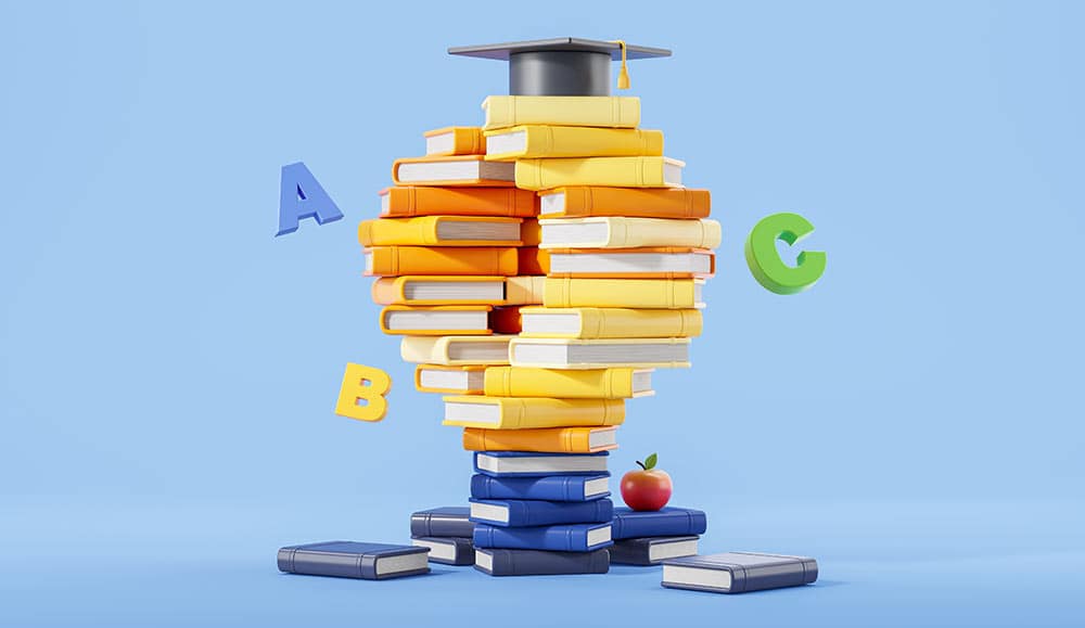 A stack of colorful books topped with a graduation cap, floating letters, education and knowledge concept