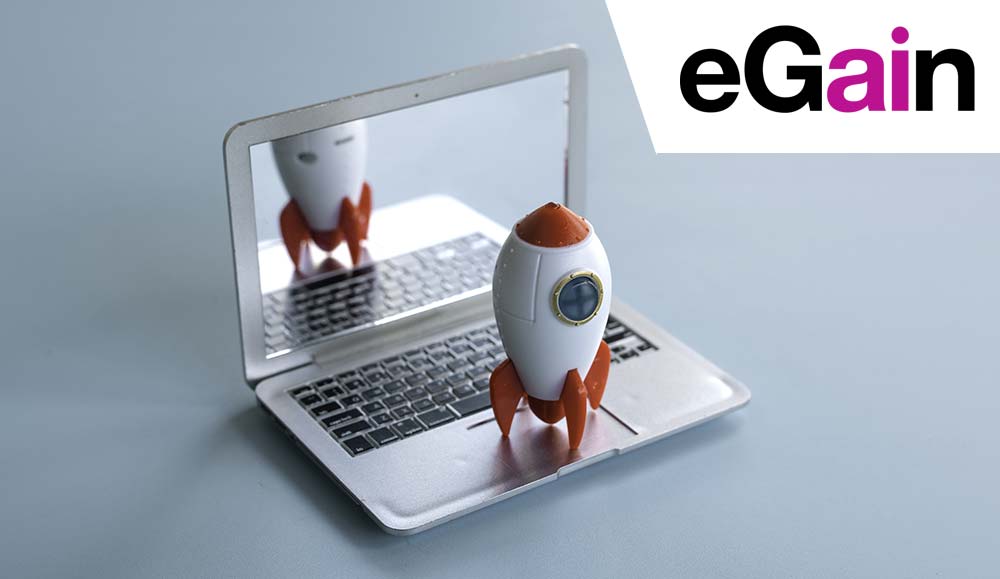 Small rocket reflecting on a laptop screen representing product launch