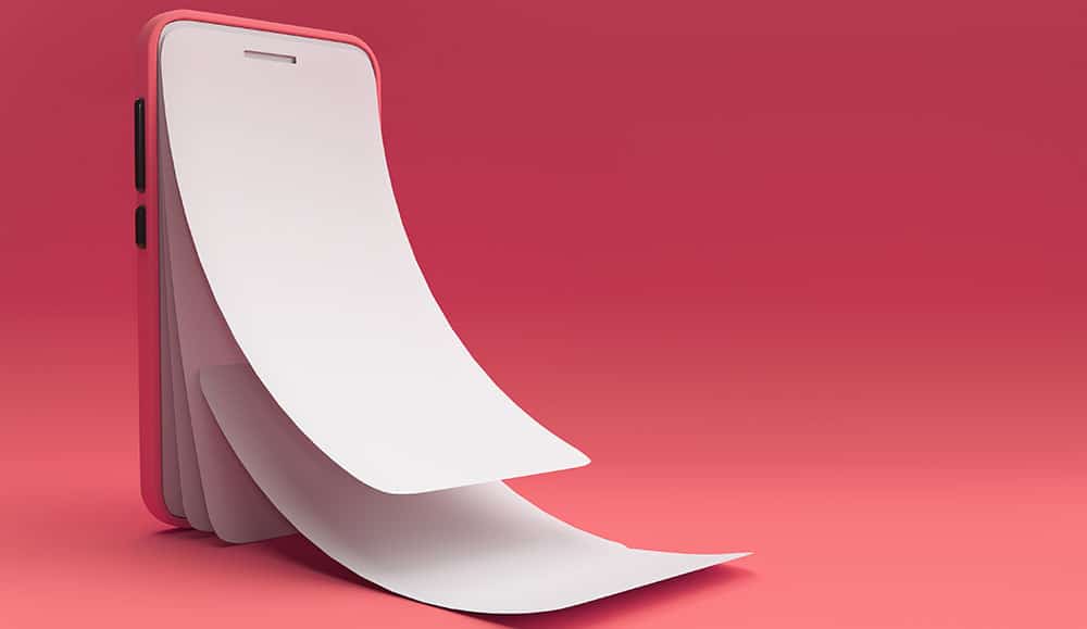 Call transcript concept with a mobile phone breaking down into paper
