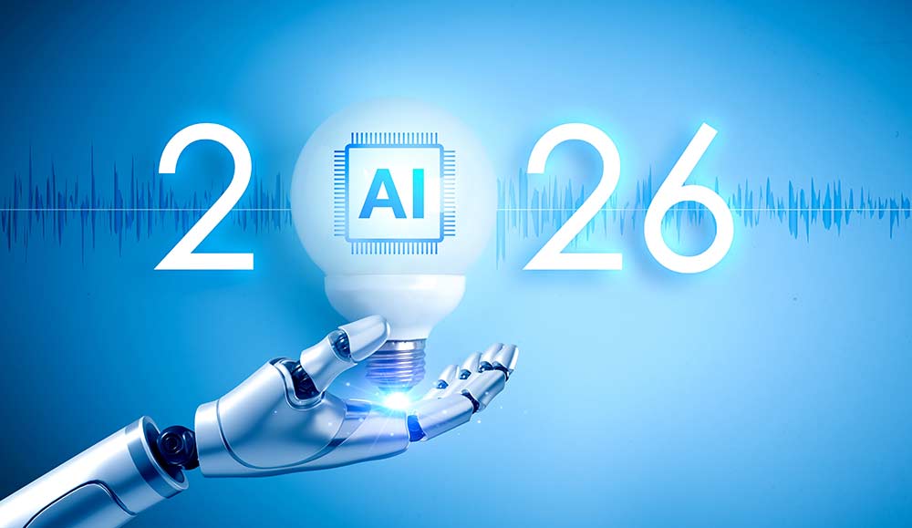 Robot hand holding the word 2026 and AI