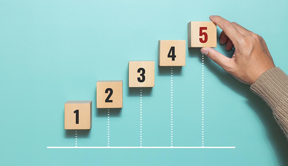 Five steps concept with hands placing numbered cubes