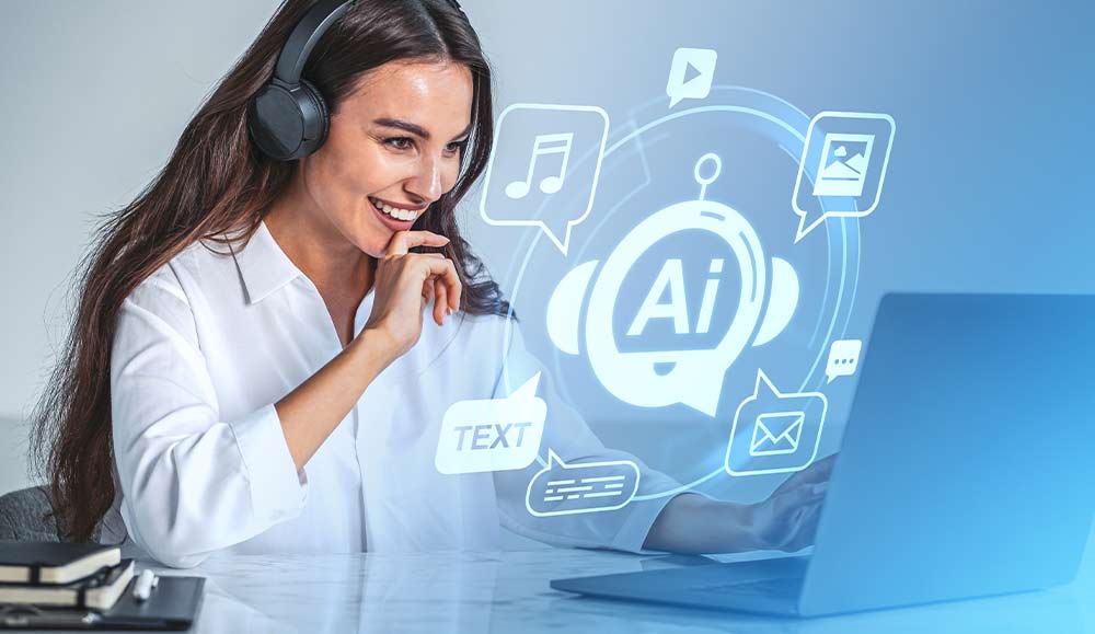 Call centre agent smiling at laptop with AI overlay