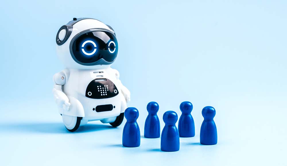 White cute AI robot and blue human figures on light blue background