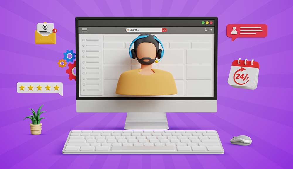 Computer with a call centre worker on the screen