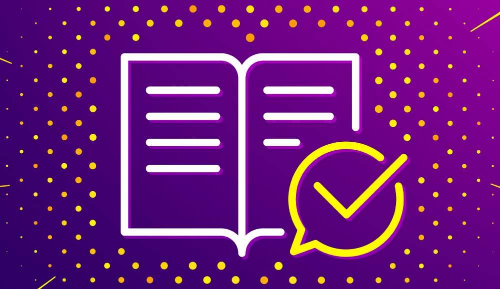 Correct information concept with a book and a checkmark in a speech bubble