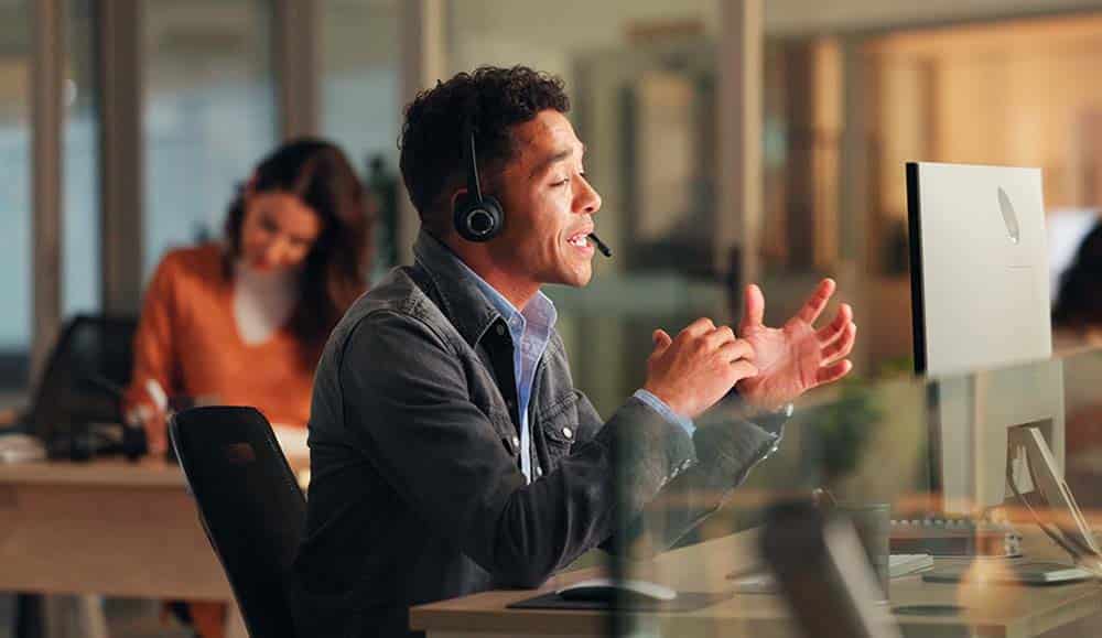 Call centre worker talking on phone