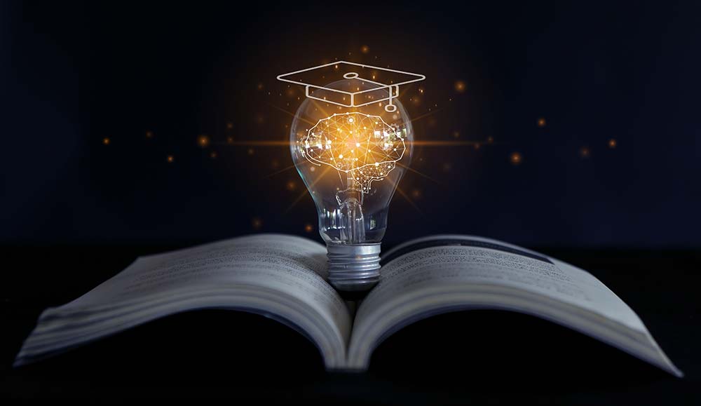 Knowledge automation and AI concept with a book and lightbulb