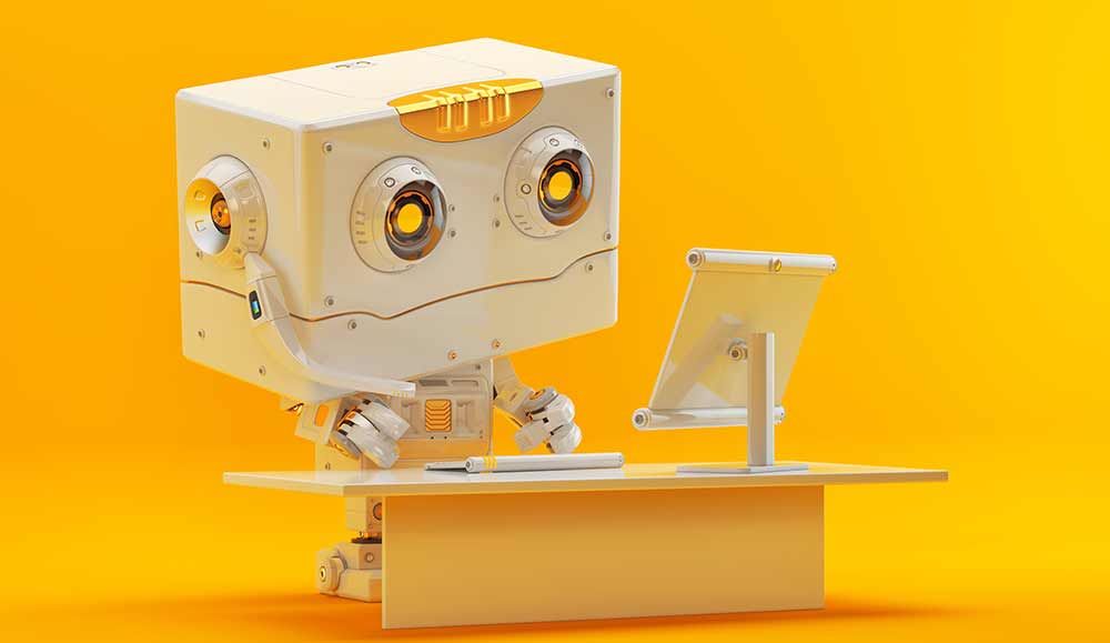 Robot working at a computer on a yellow background