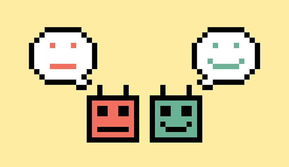 Illustration of a red and green AI robot heads with a smiley and unhappy face in speech bubble
