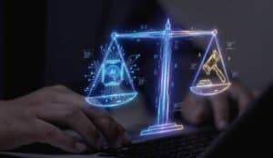 A person on a laptop overlayed with a digital set of scales with AI and legal icons - AI law concept