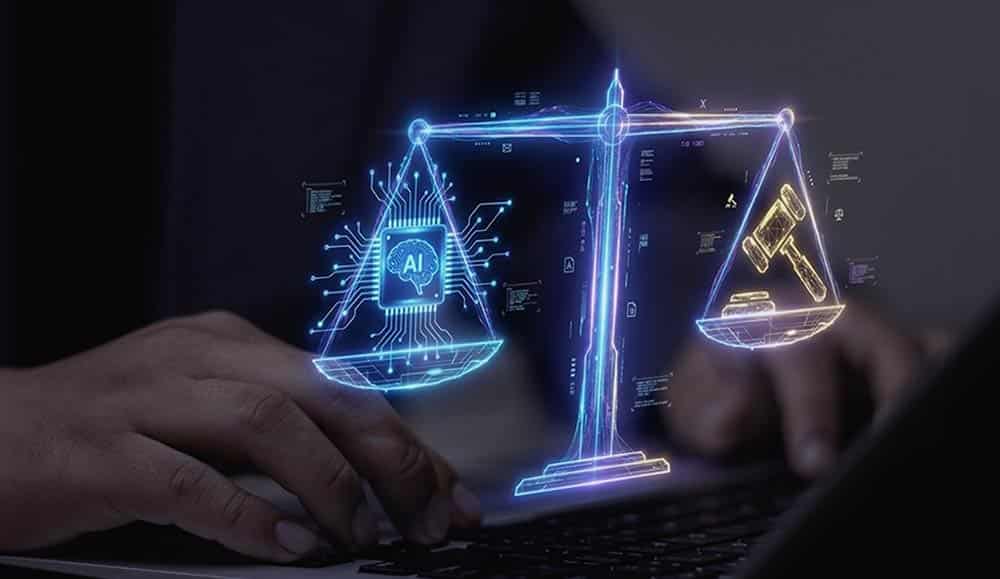A person on a laptop overlayed with a digital set of scales with AI and legal icons - AI law concept